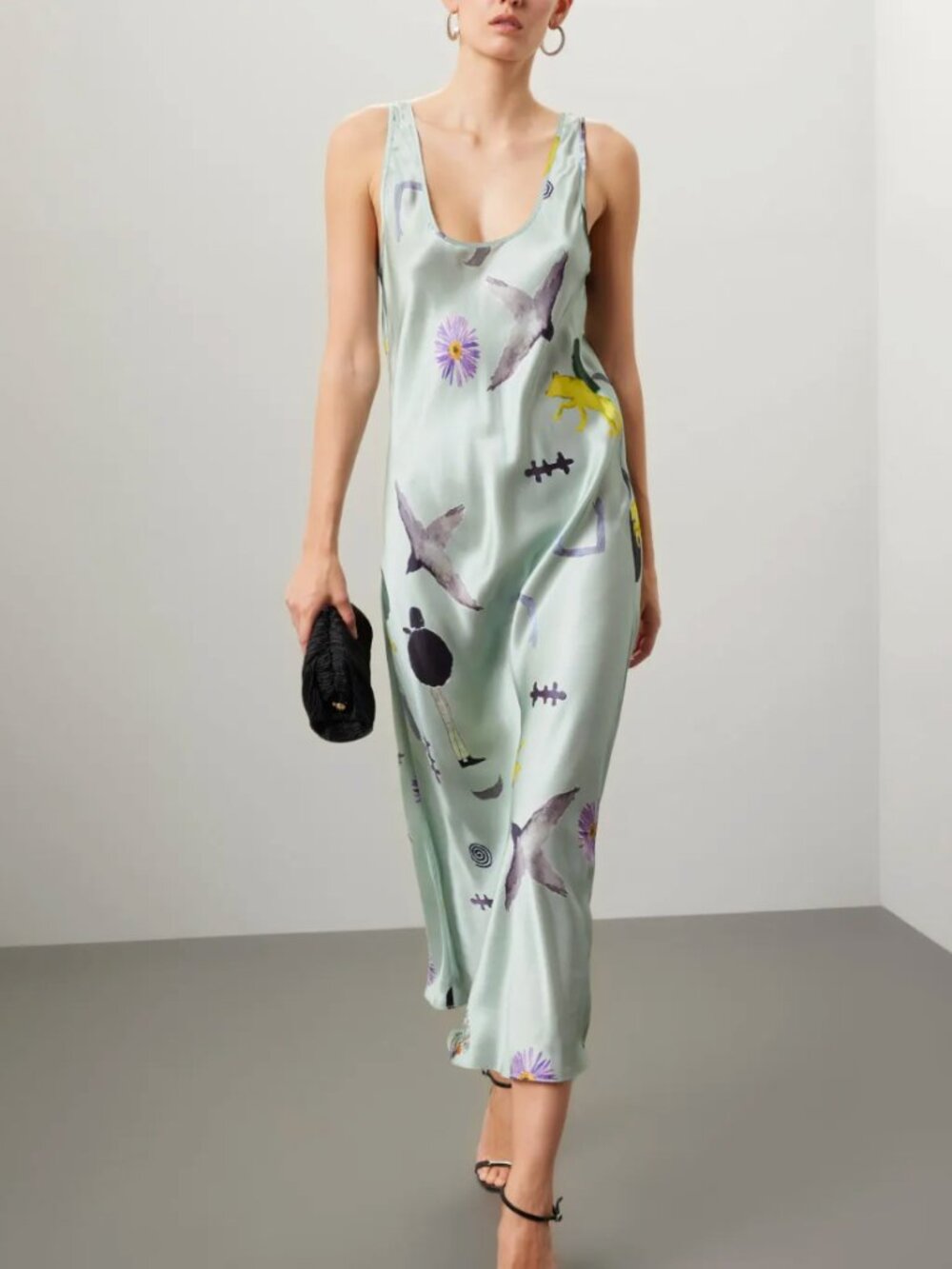 SILK LAUNDRY Scoop Neck Dress Silk Satin Abstract Print Grey Silver Size Medium